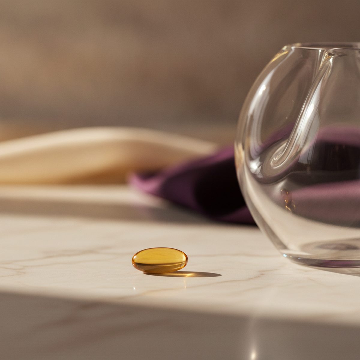 Editorial close-up of a golden alpha-ketoglutarate capsule and glass vessel, symbolising cellular energy and biological age