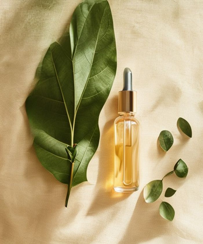 Botanical serum and fresh leaves on warm linen