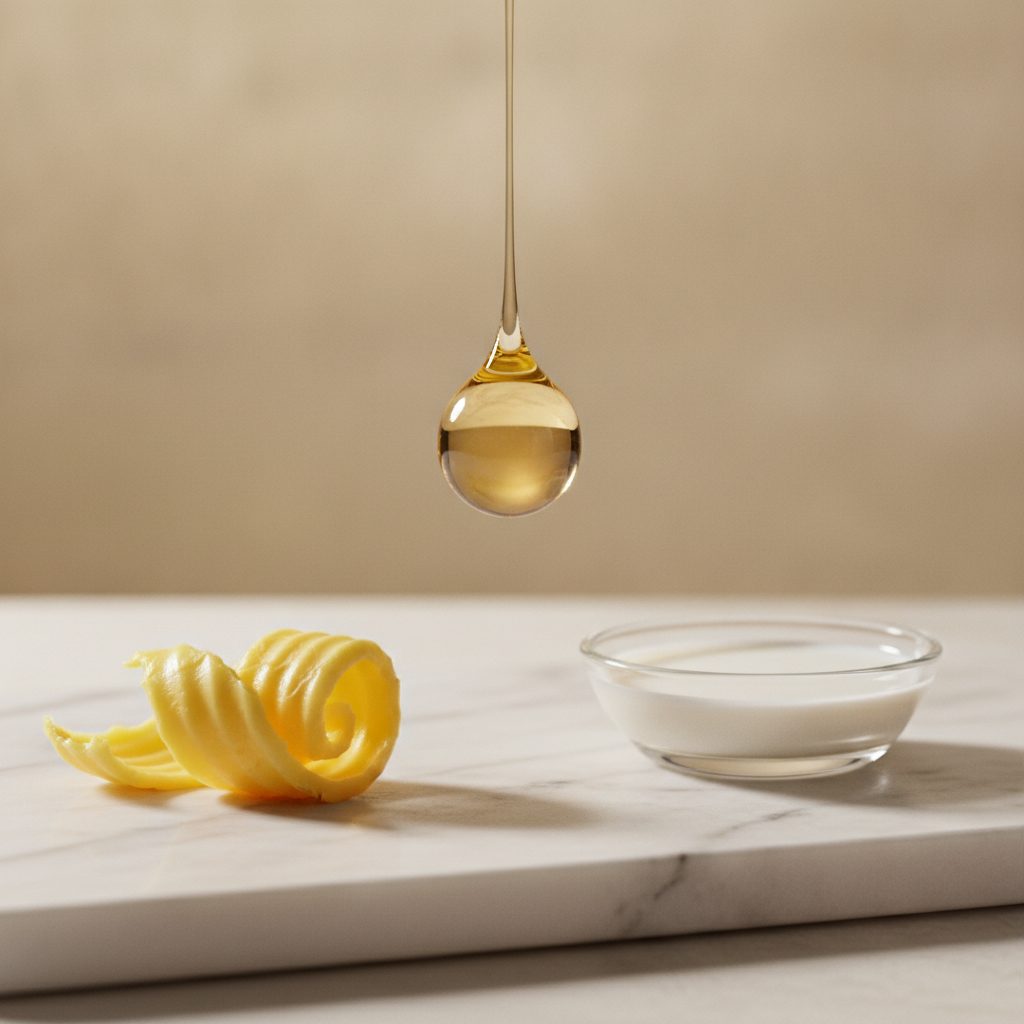 Editorial close-up of dairy fat and a golden oil droplet, illustrating pentadecanoic acid C15:0 sources