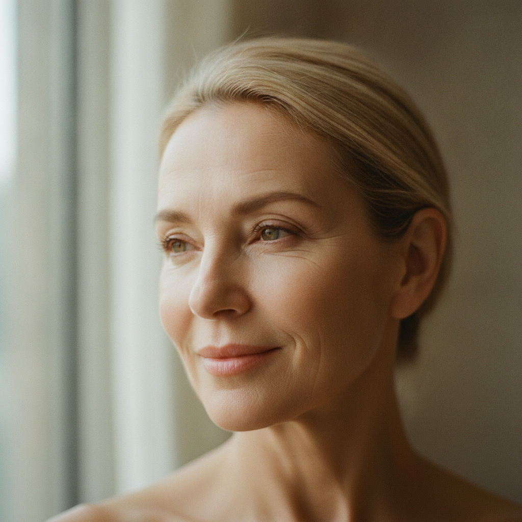 Close-up portrait of a mature woman with healthy, naturally glowing skin