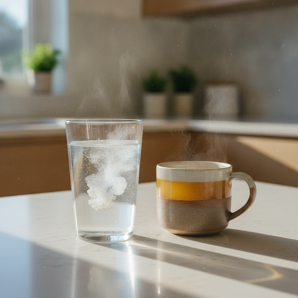 Collagen powder dissolving in a glass of water beside bone broth