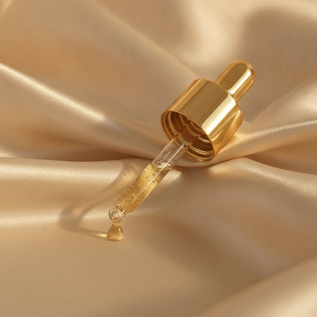 Luxurious golden serum on champagne silk