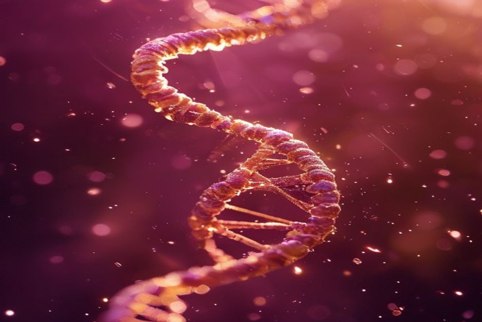 Abstract golden particles reassembling into an ordered helix, a metaphor for partial epigenetic reprogramming rejuvenating an aged cell