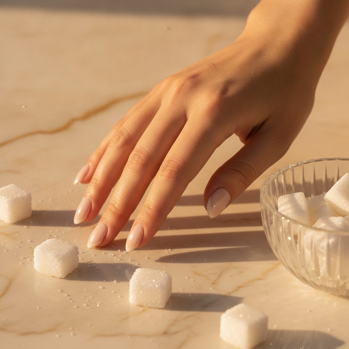 Editorial still life of sugar and radiant skin symbolising advanced glycation end products and collagen aging