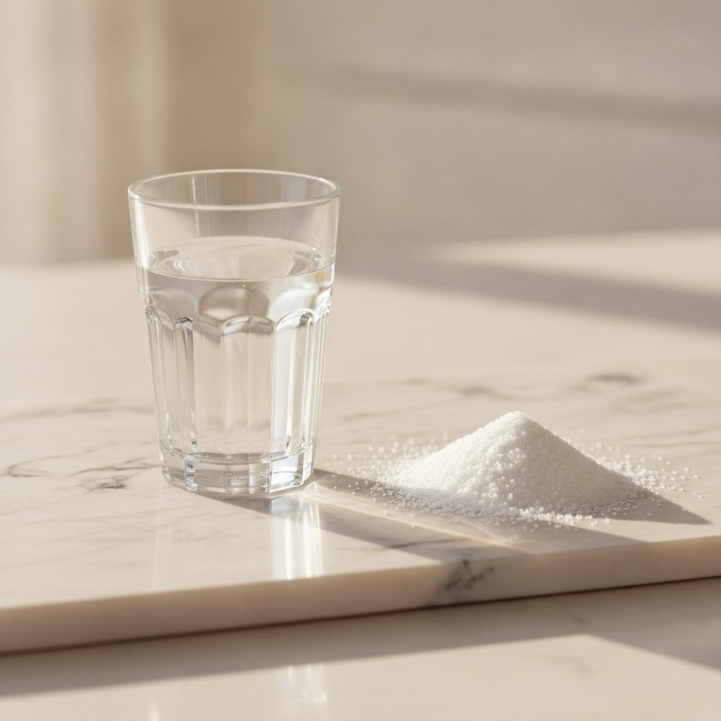 Editorial still life of amino-acid powder and clear water on marble, representing glycine and N-acetylcysteine for glutathione synthesis