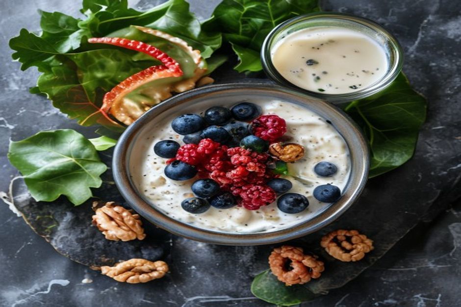 Fibre-rich and fermented foods on marble representing short-chain fatty acid producing bacteria for gut microbiome longevity