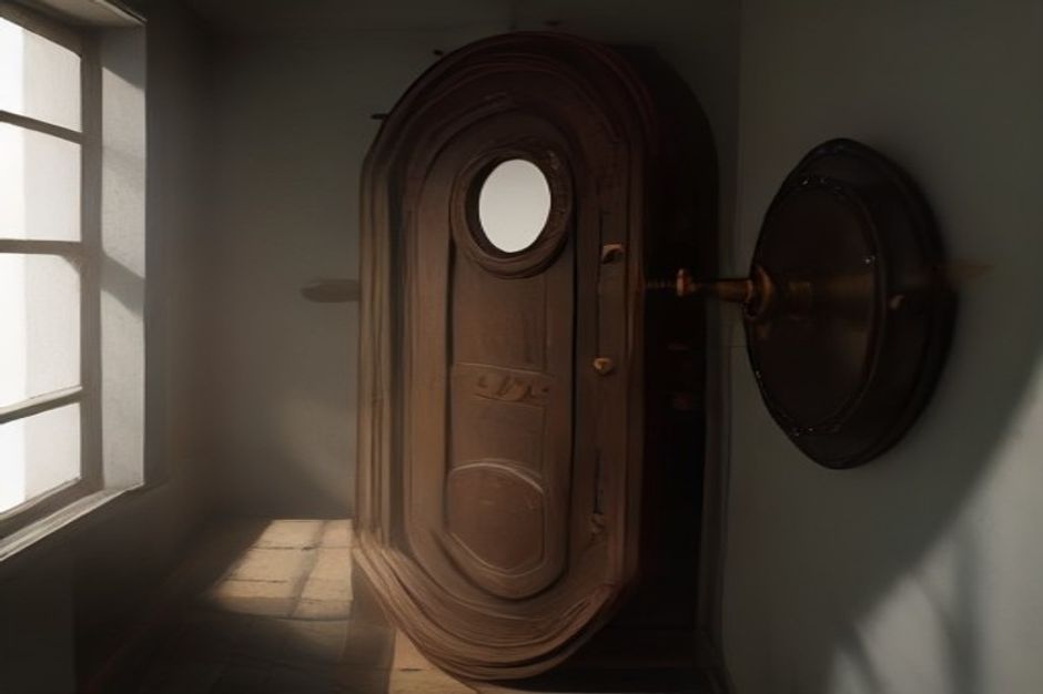 Heavy sealed chamber door with a round porthole window in warm light, illustrating hyperbaric oxygen therapy and aging