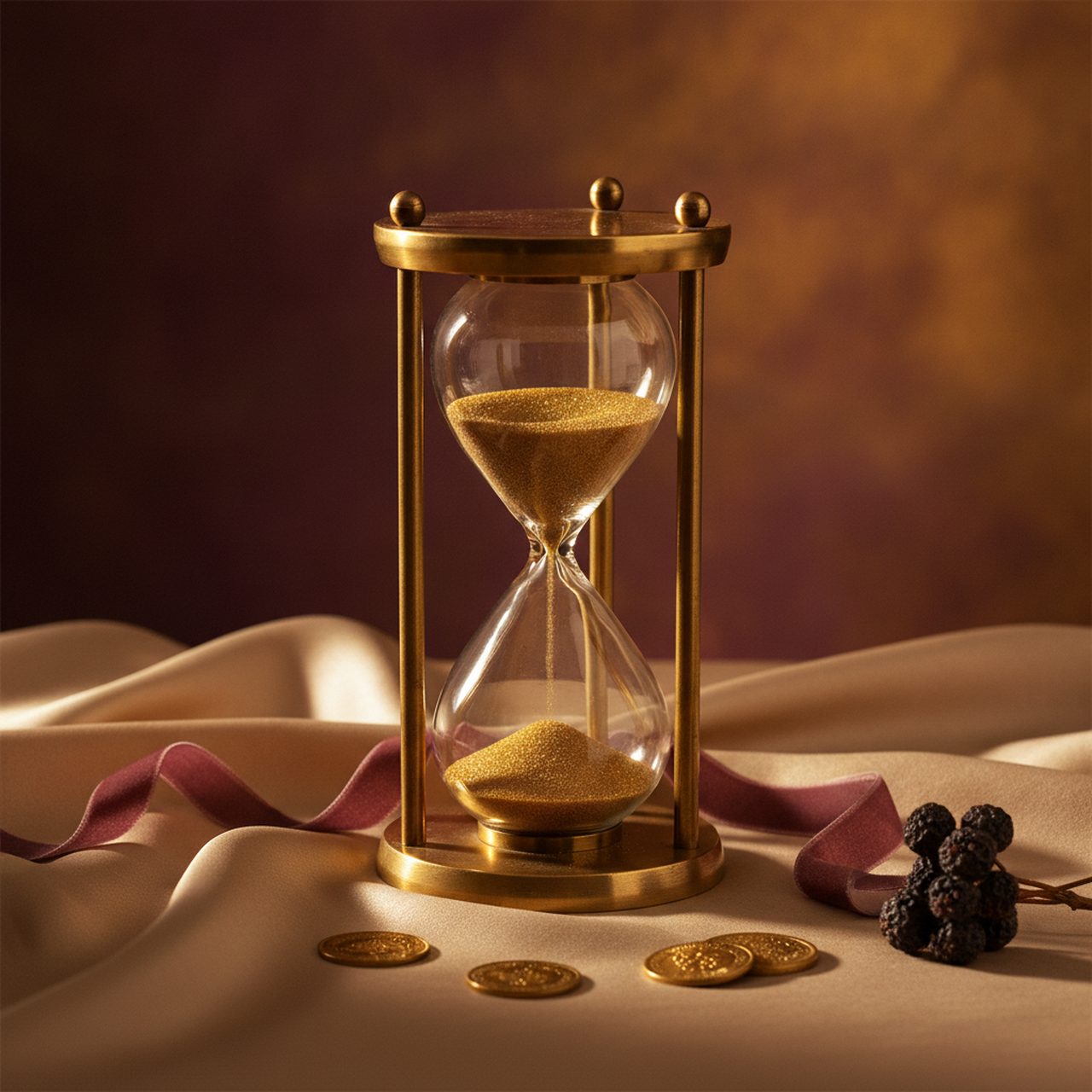 Antique crystal and brass hourglass on champagne silk, illustrating the question of the maximum human lifespan