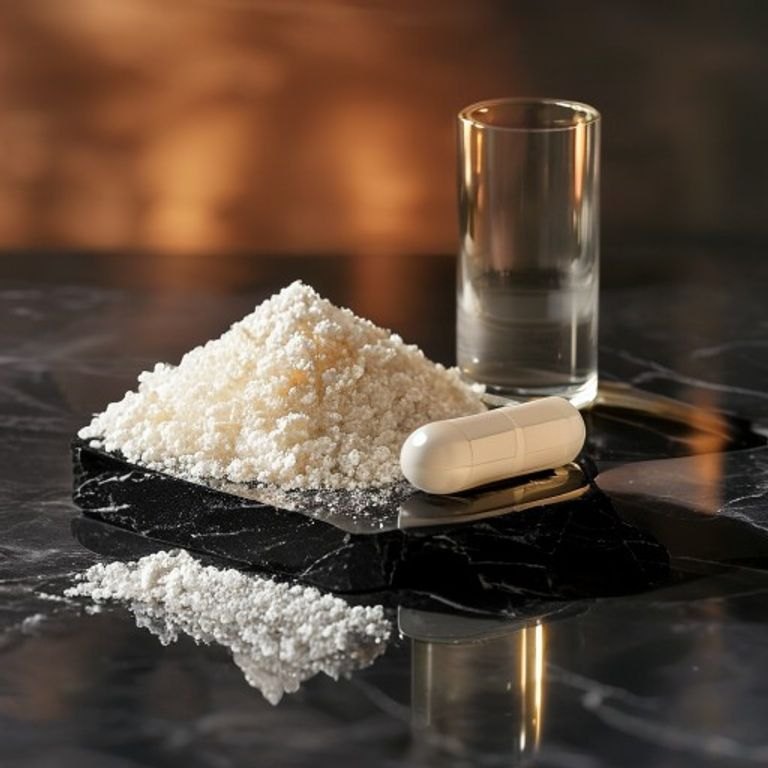 Crystalline white NMN powder and a supplement capsule beside a glass vial on black marble, illustrating NAD+ precursors for longevity