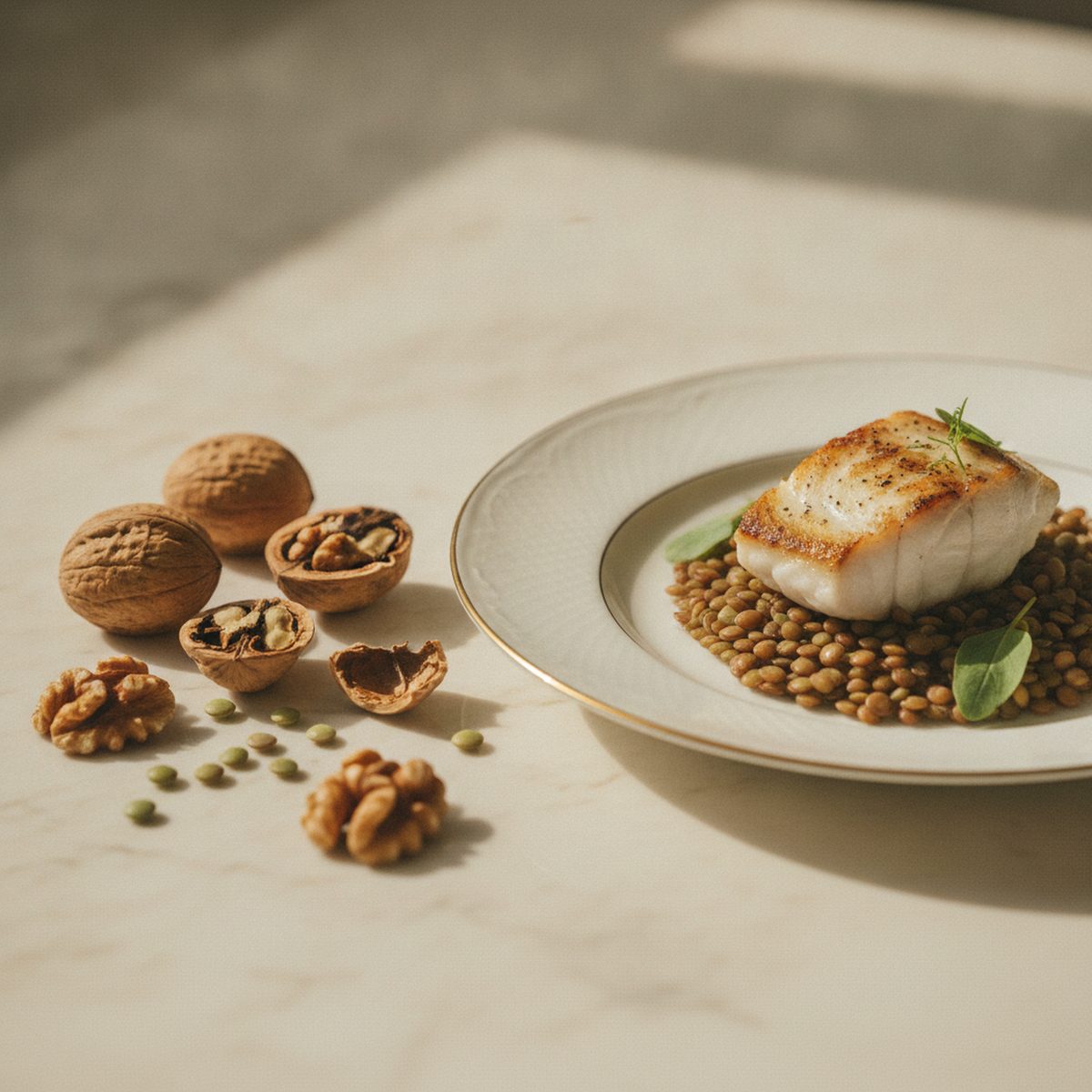 Elegant small portion of fish and lentils on porcelain, illustrating the protein and longevity question of how much protein serves a long life