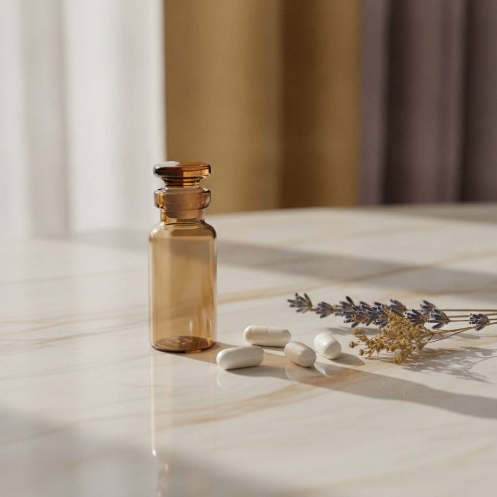 Editorial still life of a glass vial and capsules, illustrating rapamycin mTOR longevity science