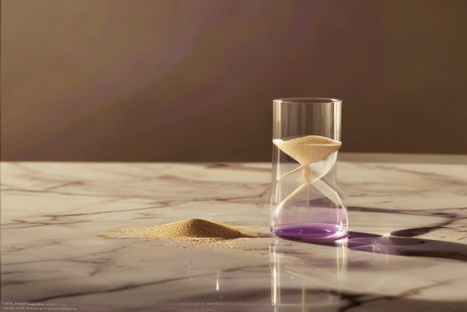 Hourglass with gold sand and violet base on marble, a metaphor for semaglutide slowing the pace of biological aging