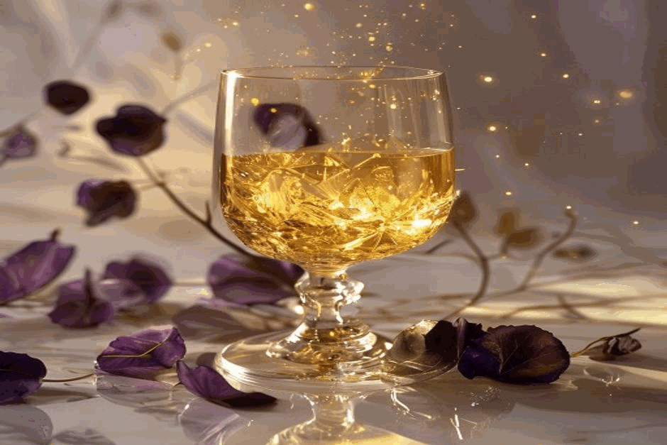Golden liquid in a crystal goblet with dissolving dark petals, a metaphor for senolytics removing senescent cells to support longevity