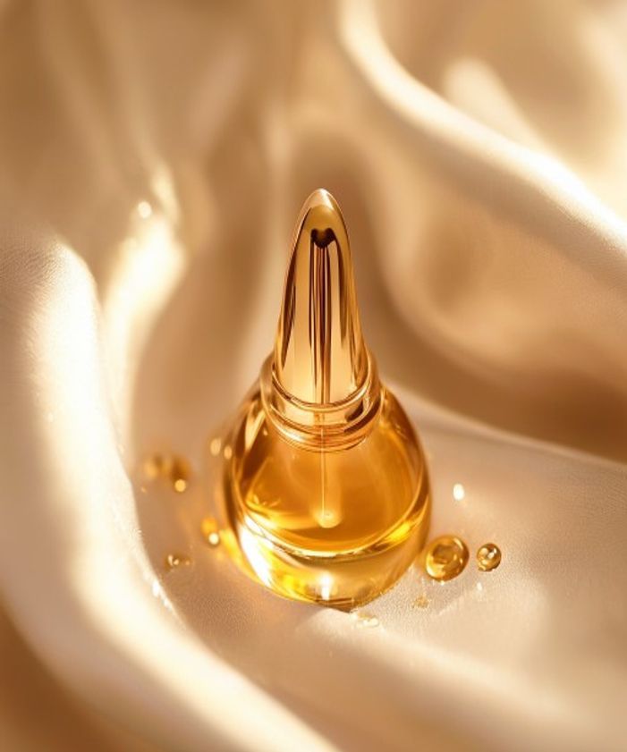 Luxurious golden serum on champagne silk