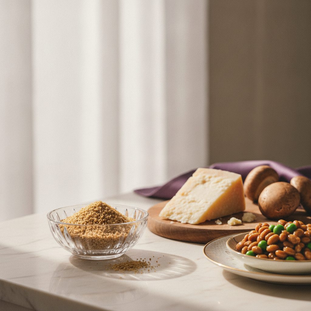 Editorial still life of spermidine-rich longevity foods including wheat germ and mushrooms on marble
