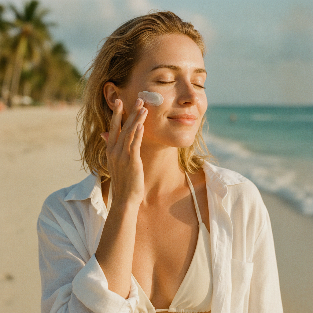 Woman applying sunscreen to her face at the beach in bright sunlight