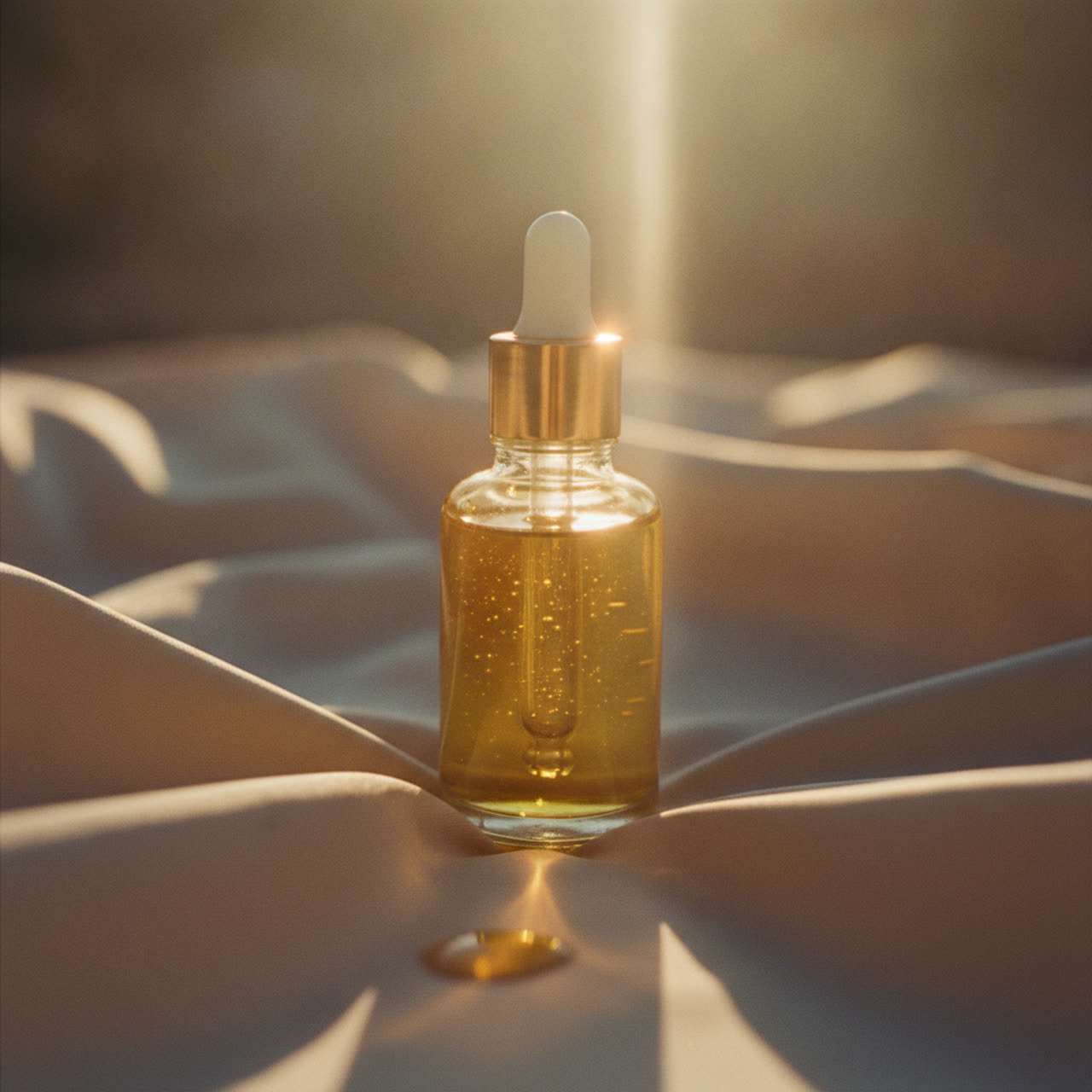 Golden skincare serum and sunlight on silk