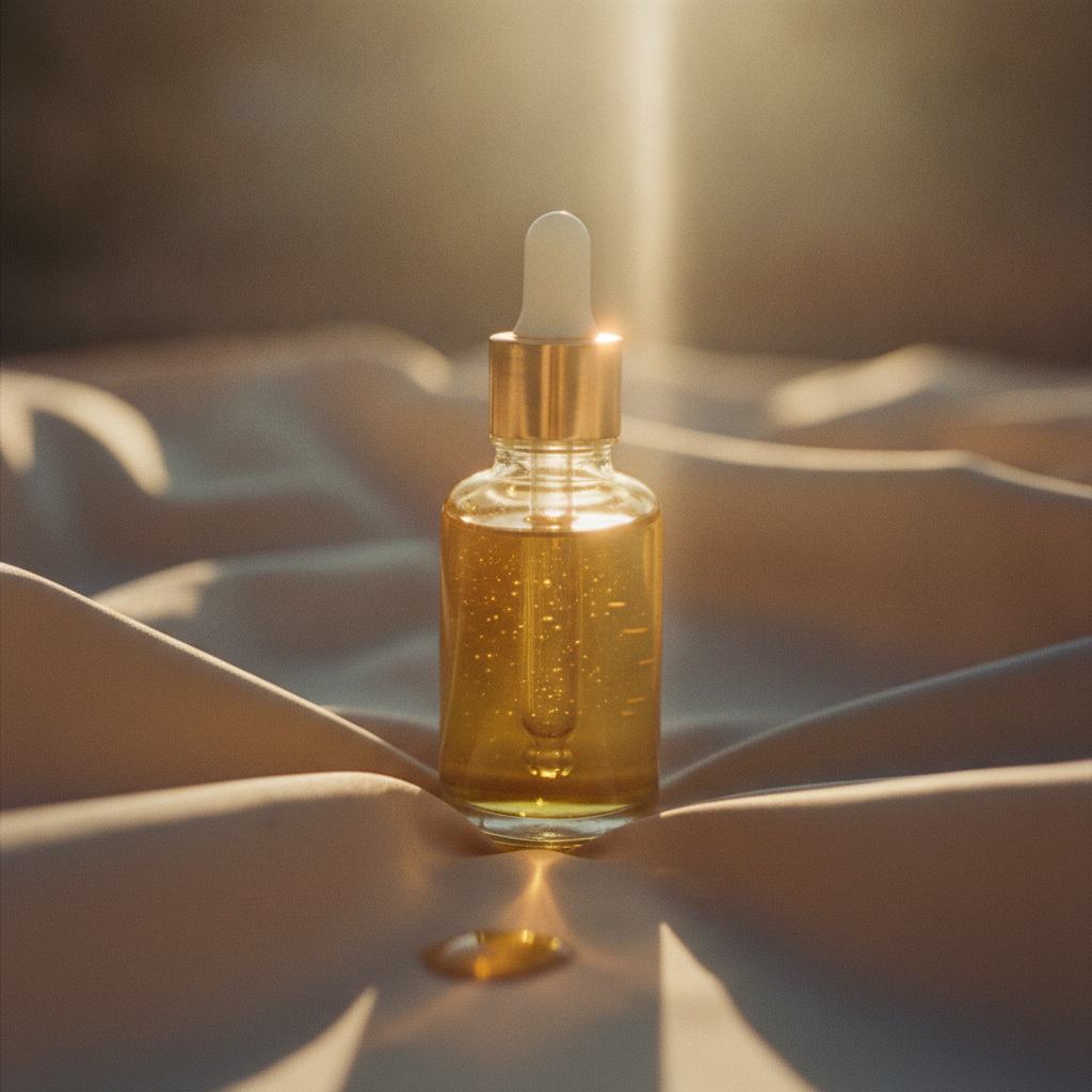 Golden skincare serum and sunlight on silk