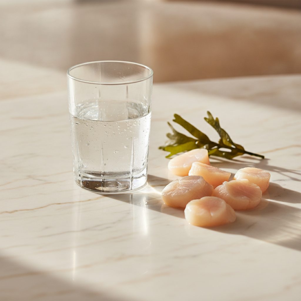 Editorial still life of scallops and clear water, illustrating taurine and longevity science