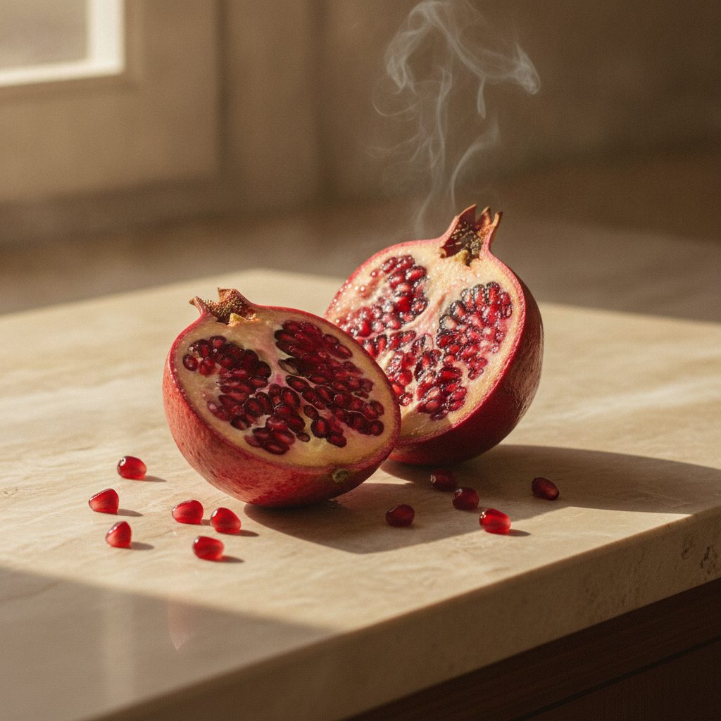 Editorial close-up of pomegranate arils, a symbol of cellular renewal and urolithin A