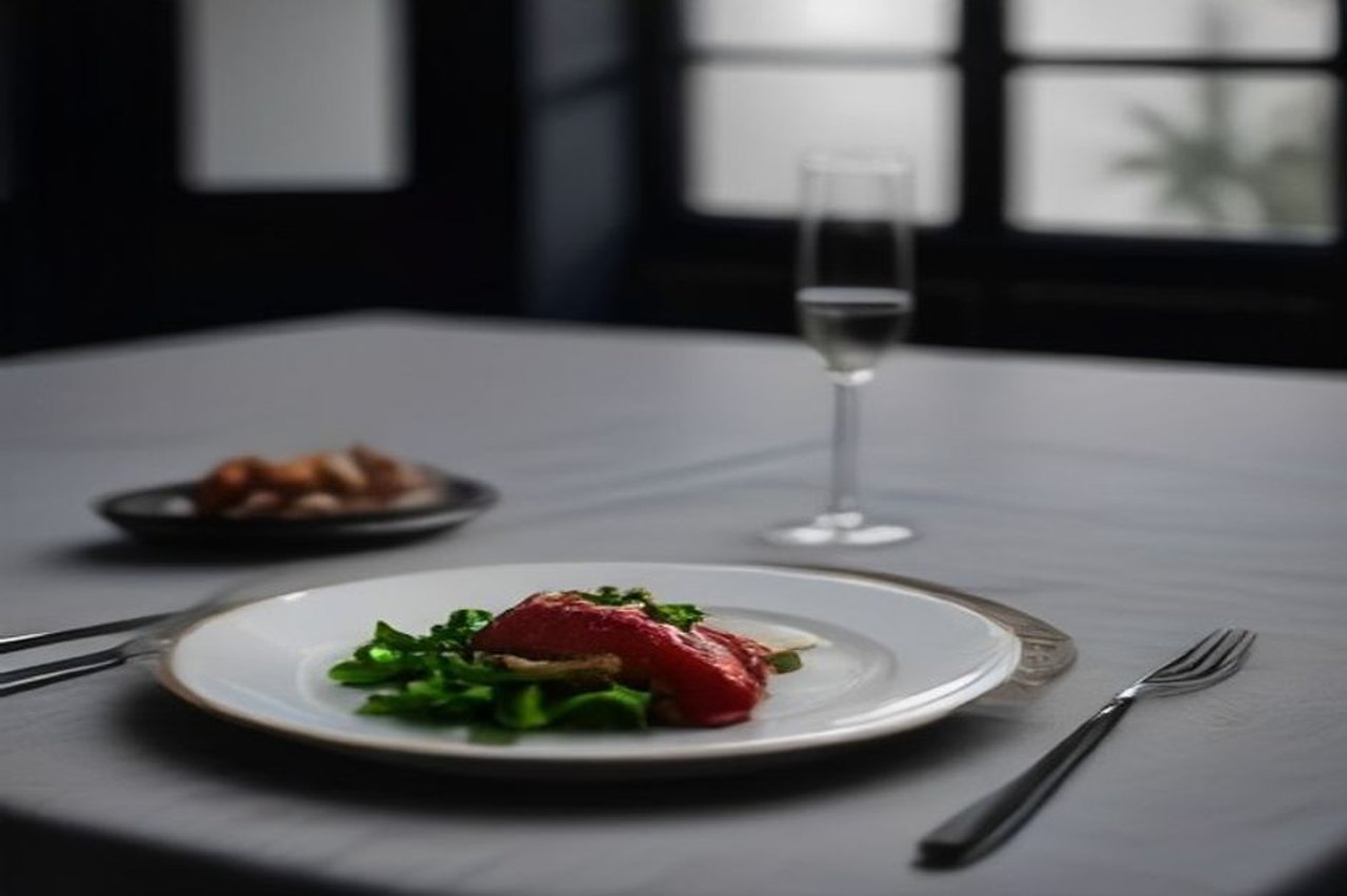 Elegantly plated small portion of protein on fine porcelain in a dark dining room, illustrating valine restriction and BCAA longevity research